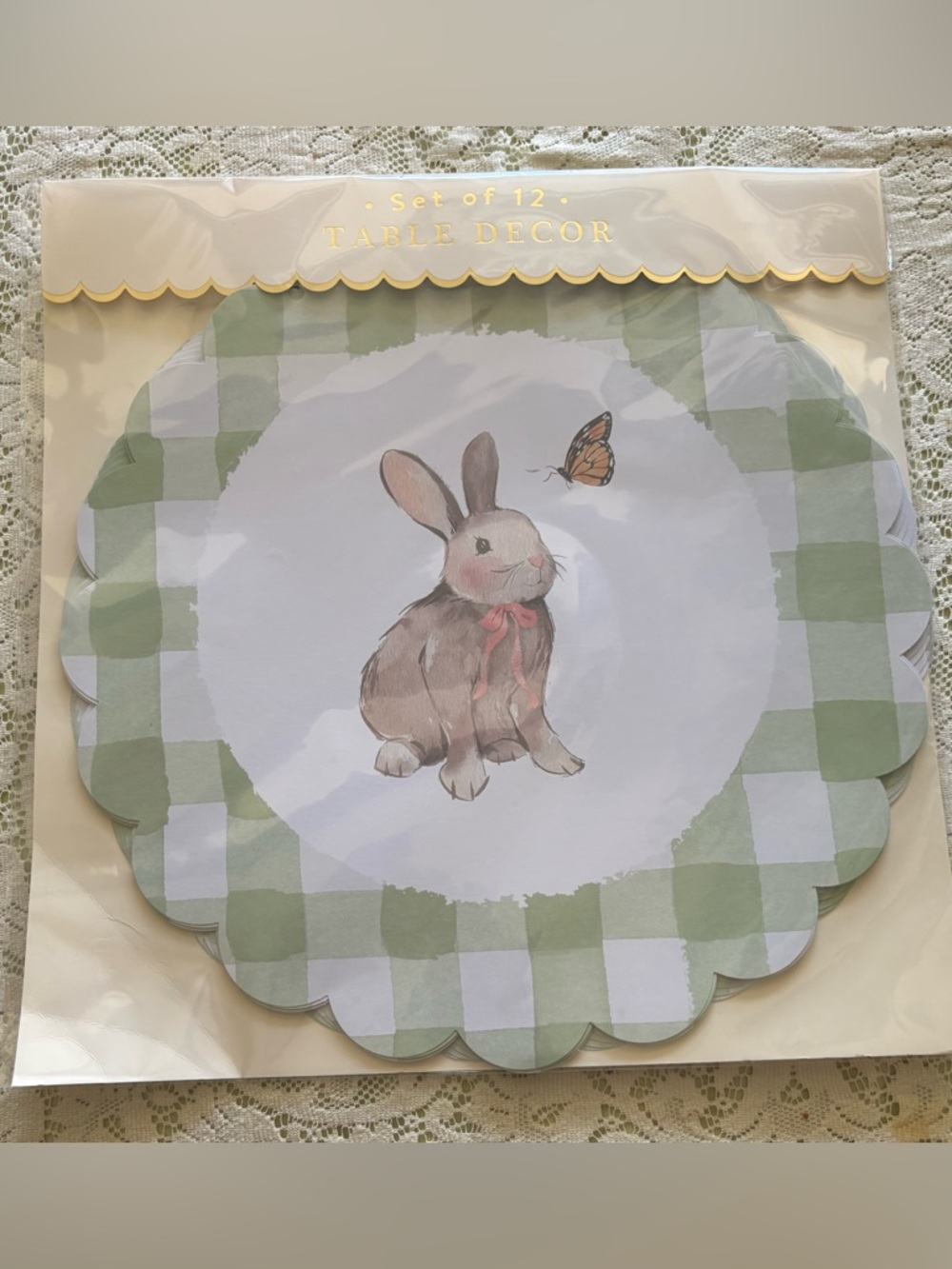 Set of 12 Scalloped Bunny Table Decor Paper Placemats w Green Check NIP